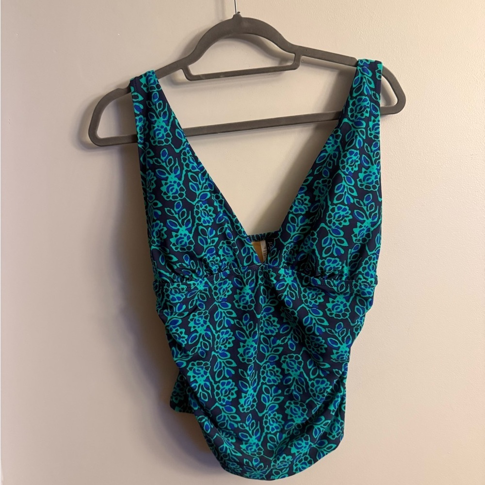 J.Crew Floral One Piece Swimsuit Plunge Neck Adjustable Straps Blue Green Size L